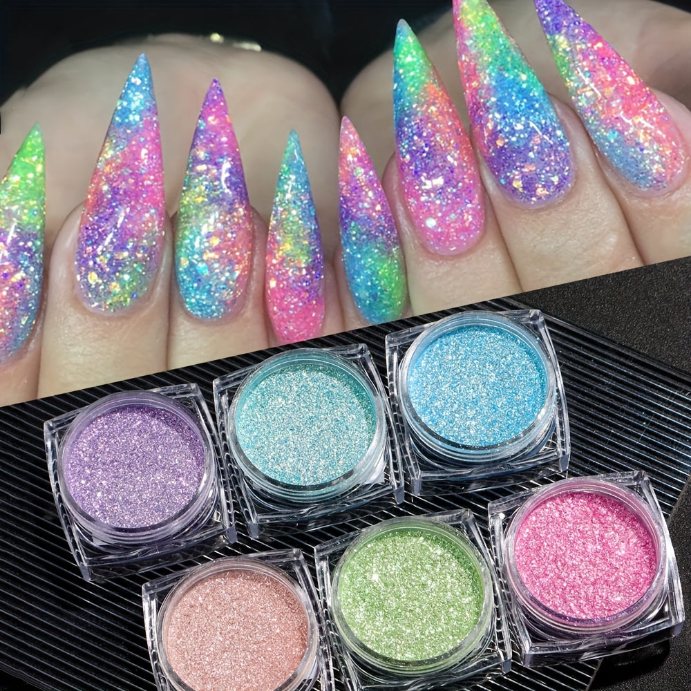 6pcs Star Glitter Powder Set Holographic Summer Pink Purple Blue Green Sugar Dipping Pigment Mermaid Iridescent Nail Sequins Dust Decoration Nails Supplies